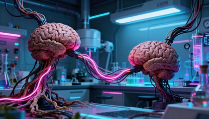 Brain's Connection: Two human brains are interconnected by a network of luminous cables and wires in a futuristic science laboratory, showcasing cutting-edge technology and innovation in neuroscience.