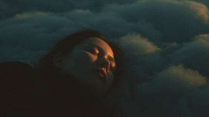 Serene woman with peaceful face lying in clouds. dream like portrait in sky with soft, warm light creating fantasy mood