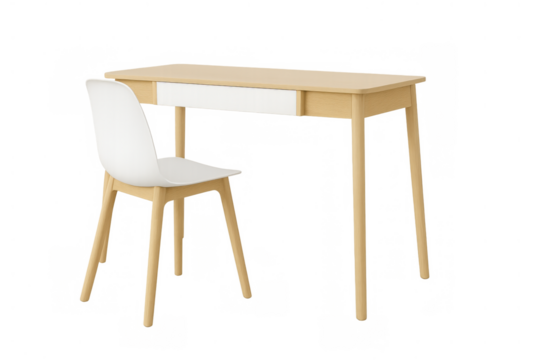 Modern minimalist wooden desk with white drawer and matching chair, scandinavian style home office furniture set, transparent background