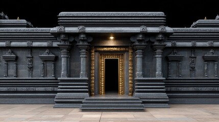 Obraz premium Majestic entrance of an ancient stone temple showcasing intricate carvings, divine architecture, and detailed design illuminated by soft lighting in a dark setting