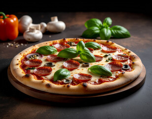 
Authentic Italian Margherita Pizza with Fresh Mozzarella, Ripe Tomatoes, and Green Basil Leaves on Rustic Wooden Table &ndash; Perfect for Restaurant Menu, Food Photography, and Culinary Advertising
