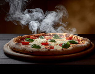 
Authentic Italian Margherita Pizza with Fresh Mozzarella, Ripe Tomatoes, and Green Basil Leaves on Rustic Wooden Table &ndash; Perfect for Restaurant Menu, Food Photography, and Culinary Advertising

