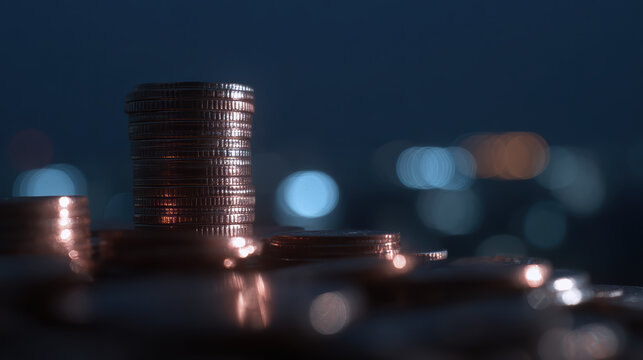 Investment finance concept of money and economy growth. business stack of coin with city background at night representing future success