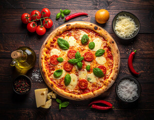 
Authentic Italian Margherita Pizza with Fresh Mozzarella, Ripe Tomatoes, and Green Basil Leaves on Rustic Wooden Table &ndash; Perfect for Restaurant Menu, Food Photography, and Culinary Advertising
