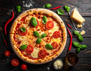 
Authentic Italian Margherita Pizza with Fresh Mozzarella, Ripe Tomatoes, and Green Basil Leaves on Rustic Wooden Table &ndash; Perfect for Restaurant Menu, Food Photography, and Culinary Advertising
