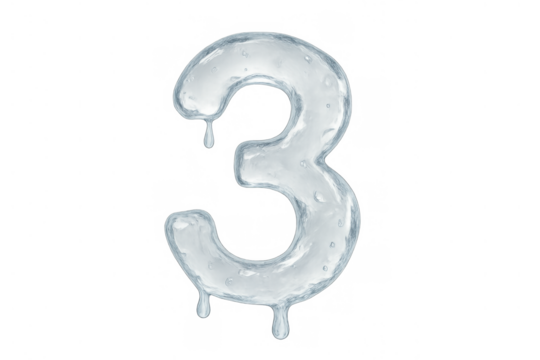 Three-dimensional number three made of ice, melting into water with drops dripping, isolated on a transparent background