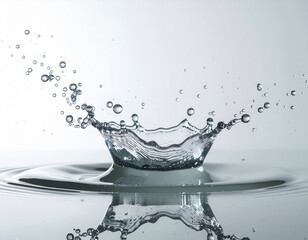 &ldquo;High-Speed Photography of Clear Water Splashing in Air with Droplets Flying and Reflections on White Background.