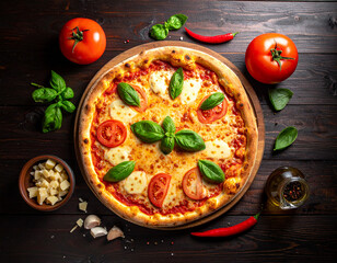 
Authentic Italian Margherita Pizza with Fresh Mozzarella, Ripe Tomatoes, and Green Basil Leaves on Rustic Wooden Table &ndash; Perfect for Restaurant Menu, Food Photography, and Culinary Advertising
