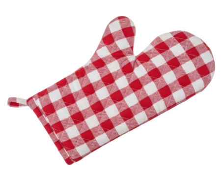 A close-up shot of a red and white checkered oven mitt, isolated on white.