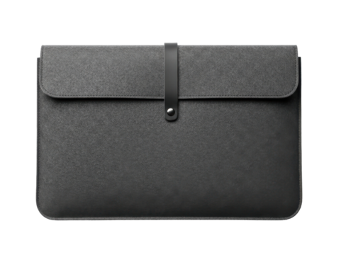 A close-up shot of a sleek, dark gray laptop sleeve with a button closure.