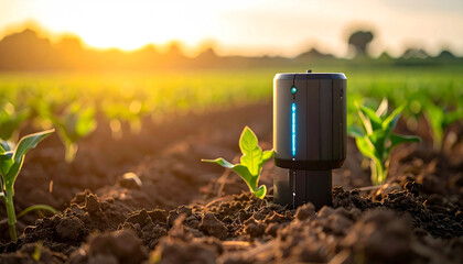 Smart farming at Dawn: A close-up showcases smart farming equipment nestled among thriving crop rows. Captured in the soft light of dawn.
