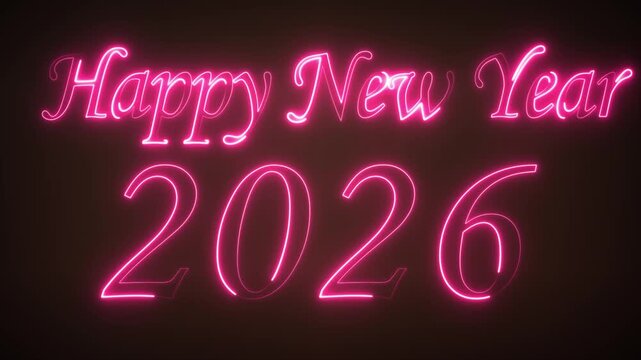Purple neon text happy new year 2026 animation video clip design 4k celebration creative light show festive party display digital motion graphic visual event - Powered by Adobe