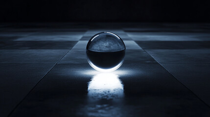 Mystical glowing sphere floating in dark environment soft ambient light illuminating subtle details ethereal and minimalistic concept of energy focus and abstract luminescent orb
