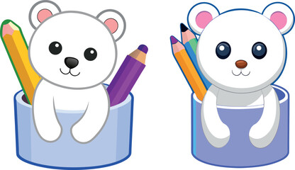 cute bear illustration, stationery pencil holder vector, animal desk cartoon, creative study artwork, child stationery design, polar bear vector art, adorable toy bear drawing, school desk cartoon, of