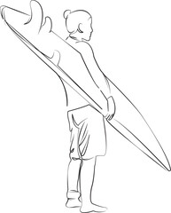 One continuous line drawing on white isolated background. Minimalism linear illustration. sport, surfer, woman, girl, surf, ocean, vacation, person, wave, surfboard
