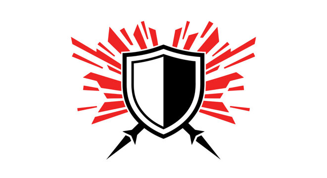 Bold modern shield emblem design with dynamic red accents and spears
