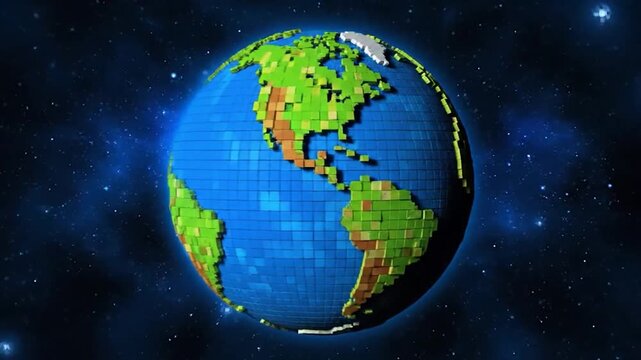 Pixelated 3D globe floating against a starry night background. Landmasses are formed by blocks