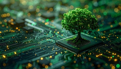 A vibrant green tree growing from a computer circuit board