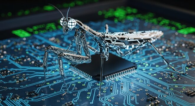 Cybernetic praying mantis intricate design standing on circuit board background