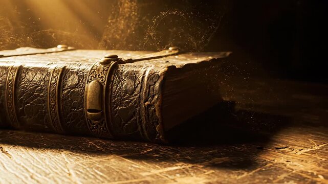 Ancient leather bound book with magical dust and atmospheric light rays