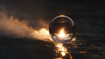 Mystical glowing sphere floating in dark environment soft ambient light illuminating subtle details ethereal and minimalistic concept of energy focus and abstract luminescent orb