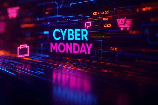 Cyber Monday digital shopping concept with glowing holographic interface, floating discount icons, and tech-savvy online shoppers - Powered by Adobe