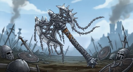 Epic battle scene with a formidable axe amidst a field of discarded arms of war