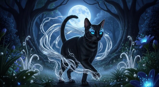 Ethereal feline guardian traversing moonlit forest with magical aura unveiling mystic beauty