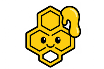 Cute honey comb character smiling with dripping honey, representing sweetness, natural product, and success concept