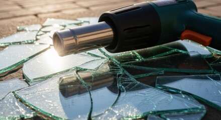 Heat gun used for craft on shards of fractured glass creating abstract design