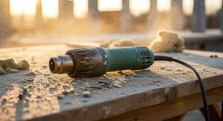 Heat gun resting on a wooden surface during sunset with dust and sawdust around it
