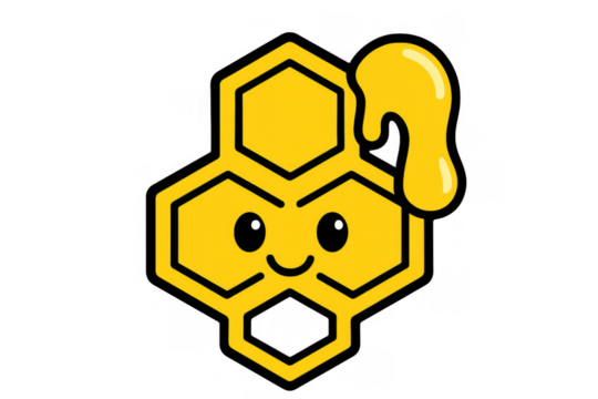 Cute honey comb character smiling with dripping honey, representing sweetness, natural product, and success concept