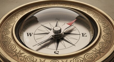 A detailed close-up of a classic brass compass, its needle perfectly oriented, embodying the timeless pursuit of direction, personal guidance, and discovery