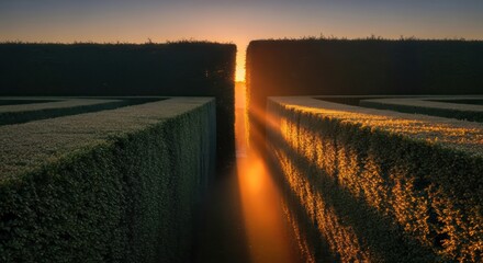 Illuminating pathway through botanical labyrinth captured during the serene sunset hours