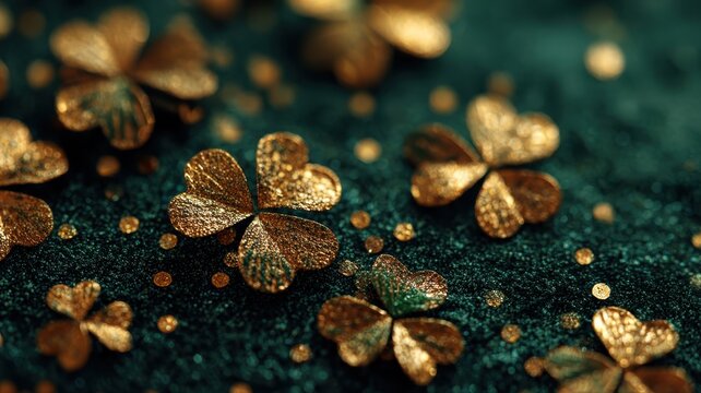 Golden Shamrock Decoration on Green Velvet Background with Dots - Powered by Adobe