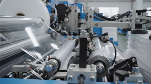 P69-The operation of automatic plastic bag production machine. Close-up of the roller of the polyethylen_4K_10s 85943952 1