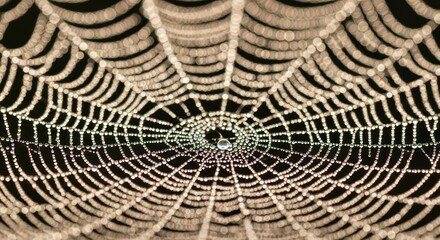 Intricate spiderweb adorned with shimmering dew droplets against dark backdrop