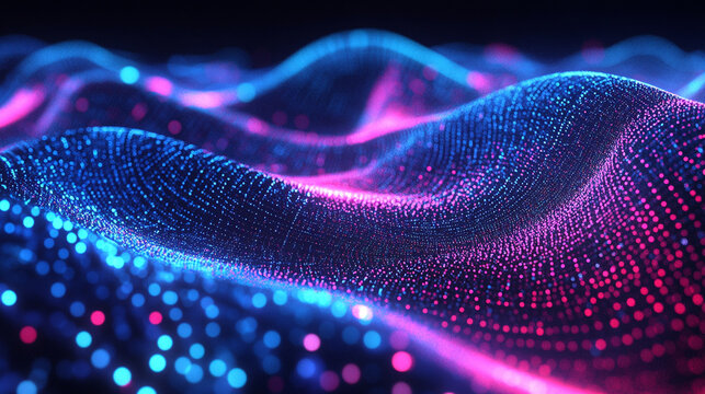 Dynamic visualization of glowing digital particles flowing in stream like data transmission futuristic concept of technology information transfer and abstract digital network design