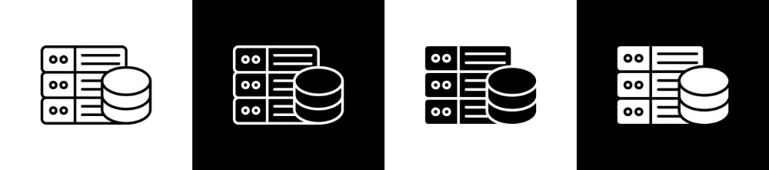 Database icon set in line and glyph style on black and white background