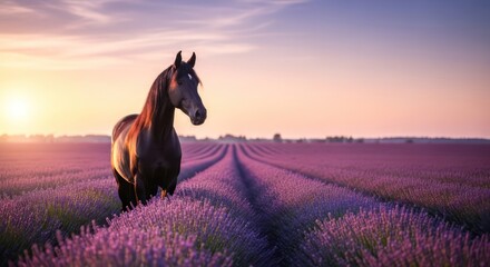 Majestic equine presence amidst the aromatic lavender expanse during tranquil sunrise serenity