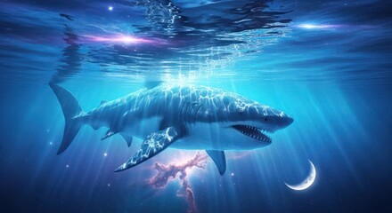 Majestic shark underwater with celestial background an ethereal aquatic realm