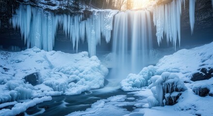 Majestic frozen waterfall cascading into a serene winter landscape with glacial ice formations
