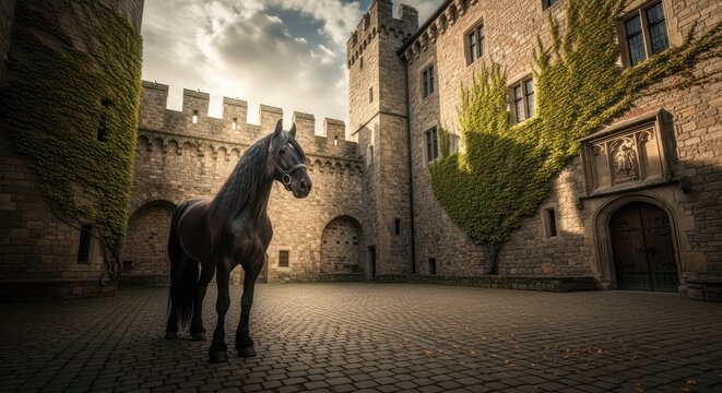Majestic black horse standing proudly in the cobblestone courtyard of an ancient castle