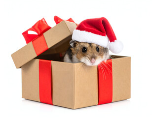 Adorable hamster emerges from a festive gift box, adorned with a tiny Santa hat and vibrant red ribbon, spreading holiday cheer in a delightful surprise