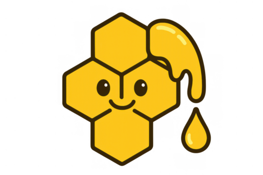 Honeycomb character dripping honey, sweet food item with smiling face and hexagonal shape, natural sugar