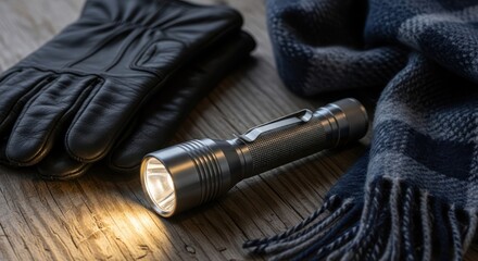 Night preparedness concept featuring a flashlight, gloves, and warm scarf ready for adventures