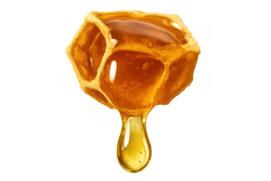 Honeycomb cell dripping golden honey, sweet nectar flowing from hexagonal wax structure, transparent background