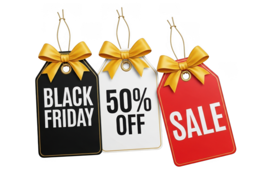 Black Friday Sale Tags with Gold Bows isolated on a transparent background discount
