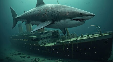 Submerged colossus a deep sea encounter with a great white shark over ship wreck