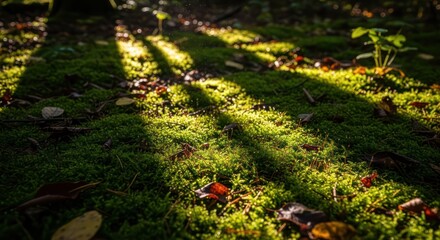 Sunlit mossy forest floor creating a serene and magical nature scene of wilderness